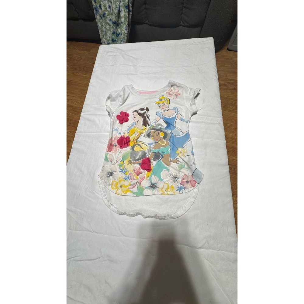 Disney Princess Girls Graphic Tee White Belle Jasmine Cinderella Floral XS 4-5